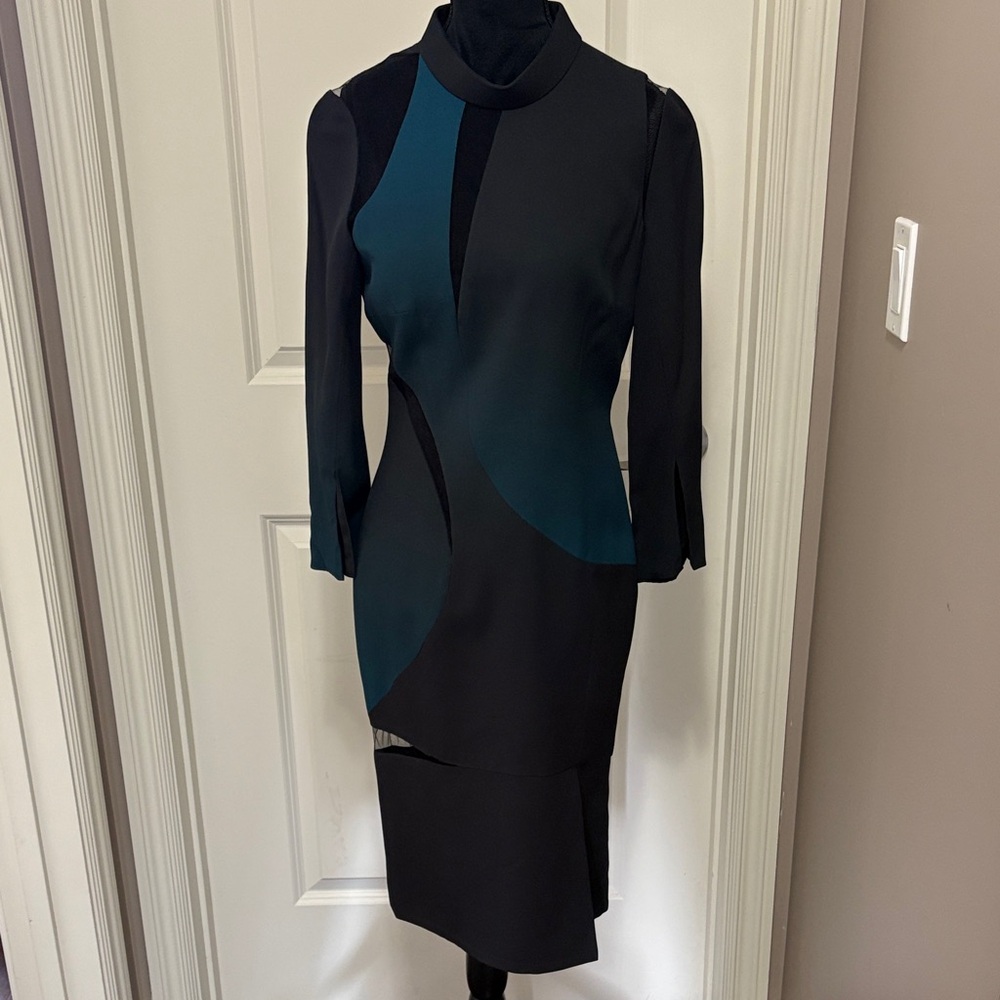 Versace Black and Teal Long Sleeve Midi Dress